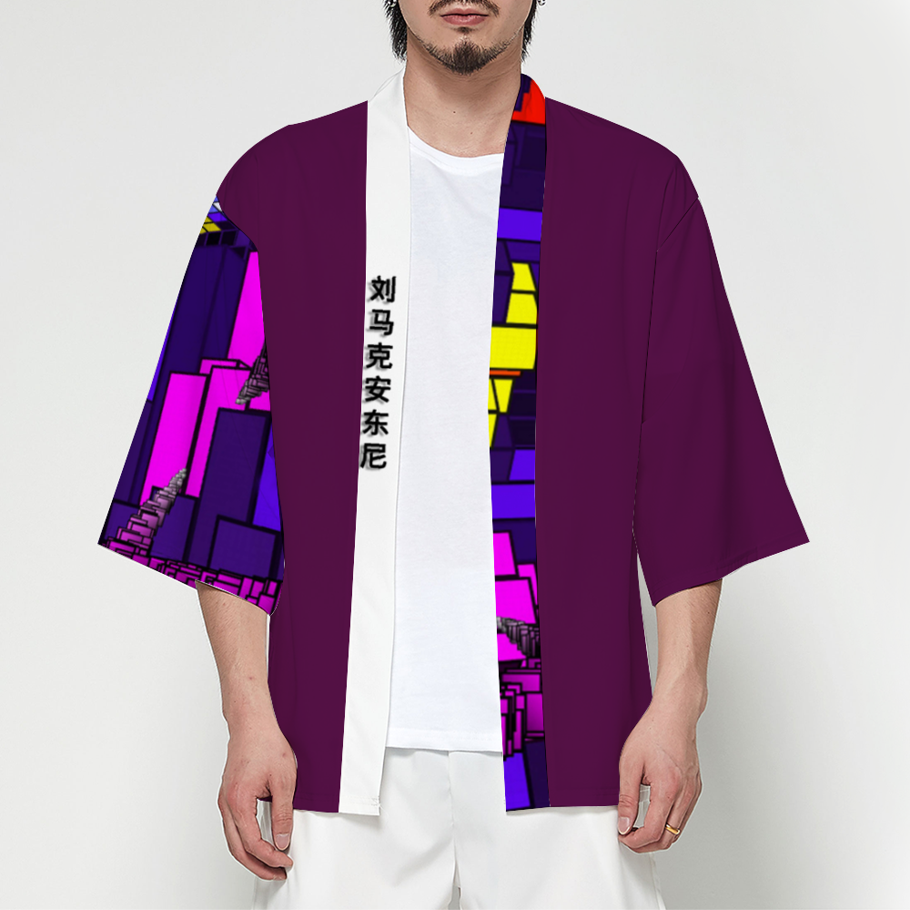 Front View - Embrace elegance in our Video Game Glitch Short Kimono with captivating shades of indigo, lavender, and gold. Elevate your wardrobe with this unique blend of tradition and modernity. #FashionForward #KimonoStyle #MALWearClothing