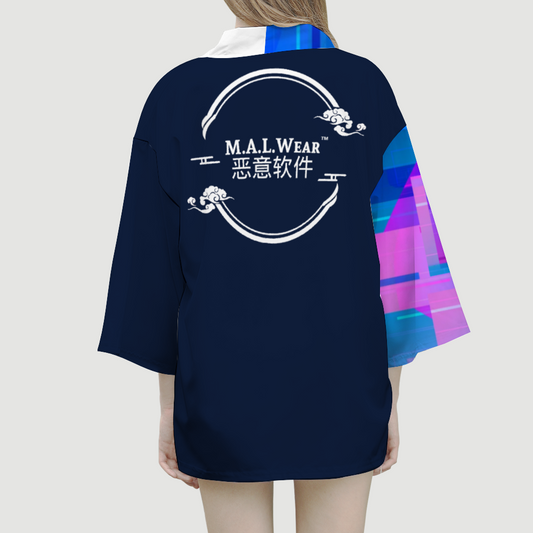  "Explore the allure of Dropped Screen Glitch Short Kimono in vibrant hues: Blossom Pink, Midnight Black, Royal Blue, and Ivory White. Elevate your style with our meticulously crafted front and back images. Unleash timeless fashion with MALWear Clothing®. Shop now!"