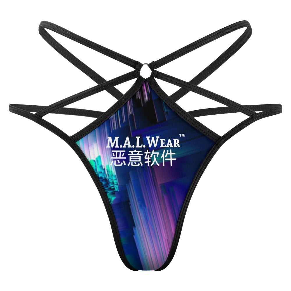 "Front view of Glitch Trip Thong: Vibrant blue hue, cyber-inspired patterns, sleek design. 