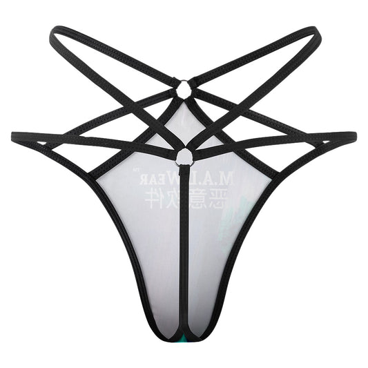 Back view: Striking crimson accents, futuristic style. Elevate your wardrobe with this avant-garde, trendy thong - a perfect blend of innovation and fashion-forward allure."