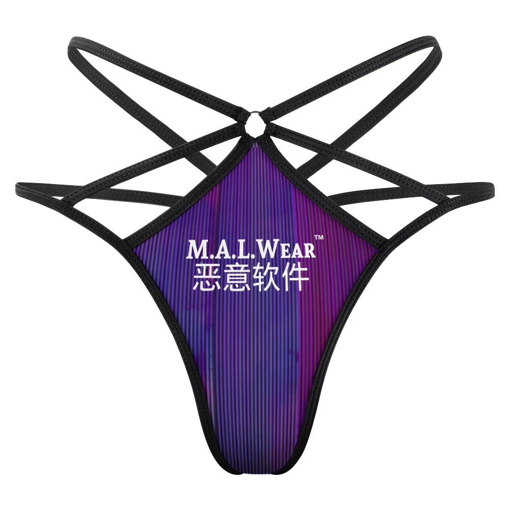 "Laptop Glitch Thong - Front View: Explore the captivating blend of hues – mesmerizing blues, vibrant purples, and sleek metallics. Elevate your style with MALWear Clothing®'s iconic fusion of tradition and innovation."