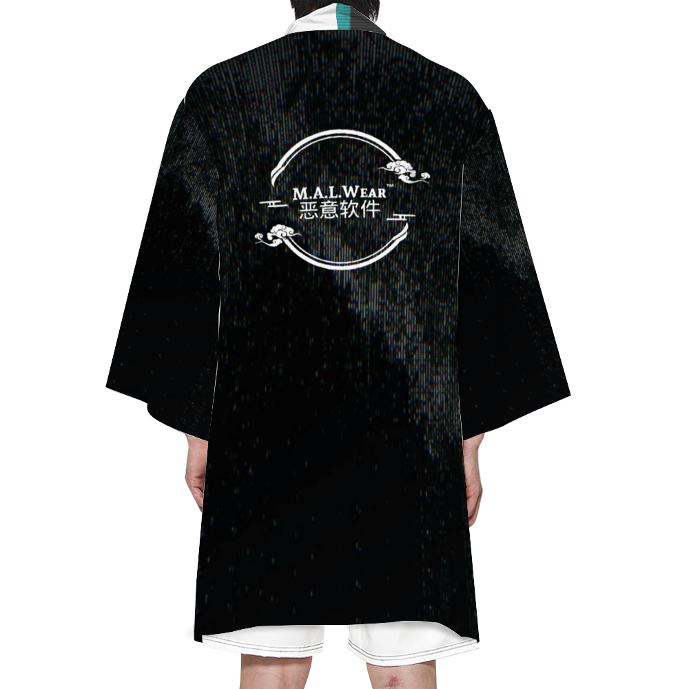 Bosu ボス Boss MALWear Kimono back view in midnight black, exuding sophistication and mystery. Experience the fusion of ancient Asian heritage and contemporary design. Don't miss out – explore the future of fashion at MALWear 