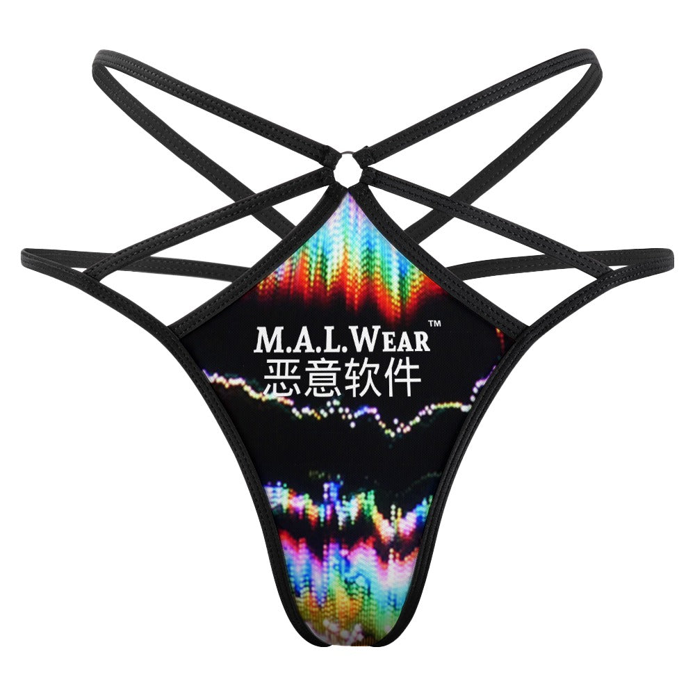 Front view alt text: "MALWear Clothing®'s Television Glitch Thong - Front View: A fusion of vibrant hues and intricate design, showcasing avant-garde Asian tradition meeting contemporary elegance."