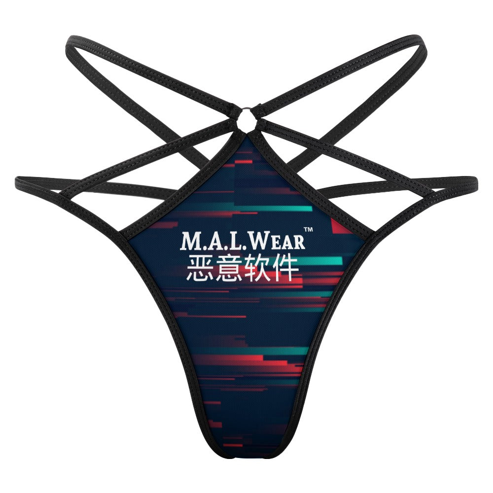 "Front view of MALWear Clothing®'s CyberCrime Thong, showcasing vibrant hues and intricate Asian-inspired designs. Elevate your style with this fusion of tradition and modernity."