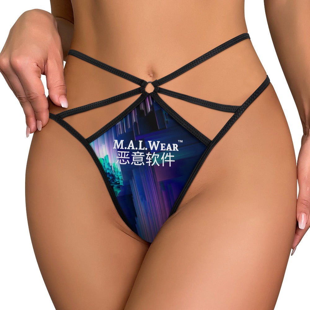 "Front view of Glitch Trip Thong: Vibrant blue hue, cyber-inspired patterns, sleek design. 